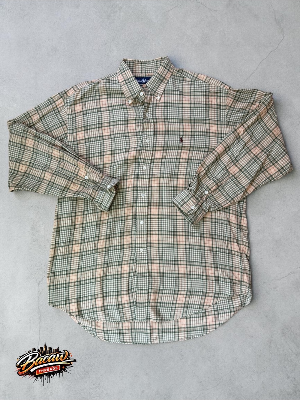 Ralph Lauren Men’s Tan & Green 100% Cotton Plaid Button-Down Shirt